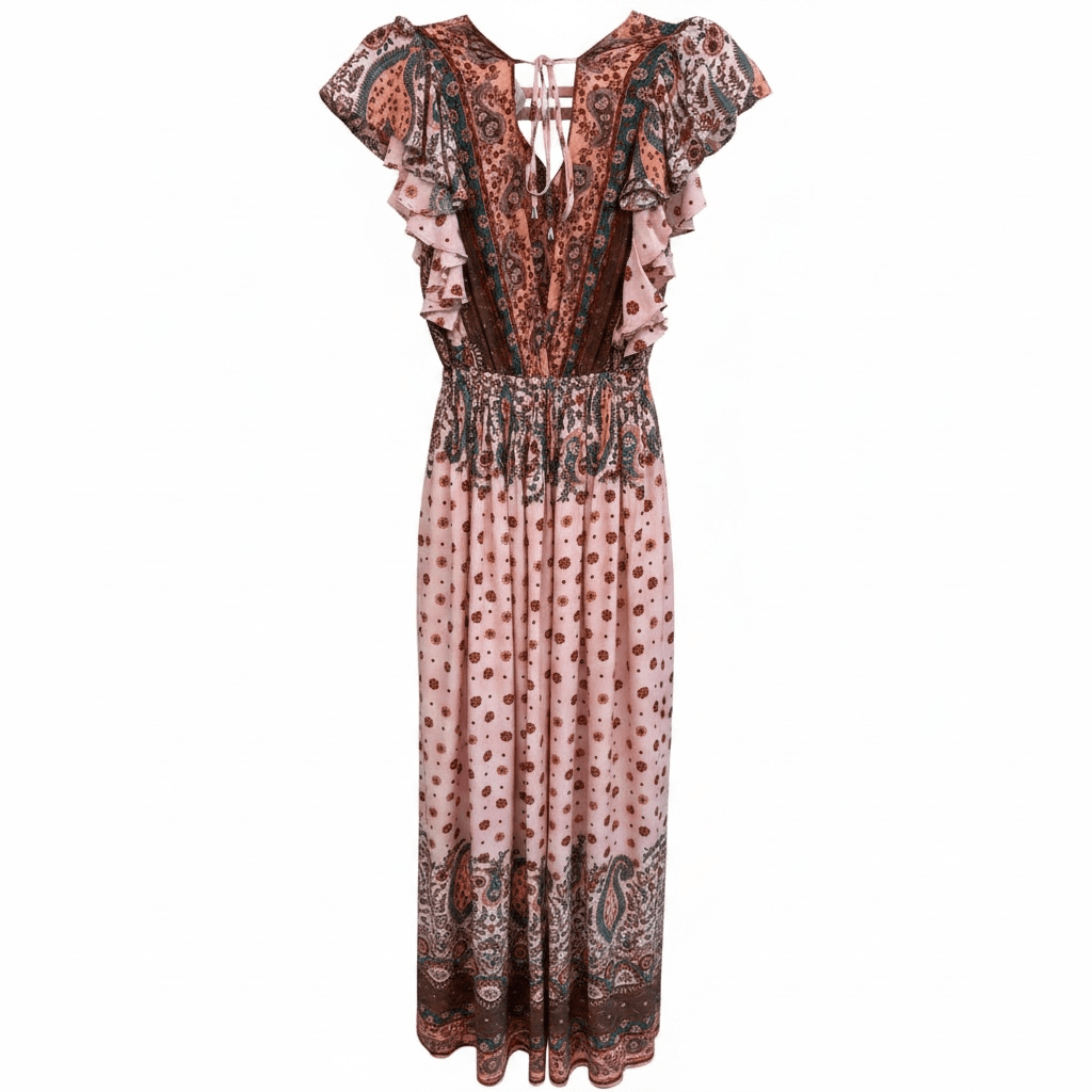 Patterned dress with ruffled sleeves on a white background