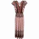 Patterned dress with ruffled sleeves on a white background