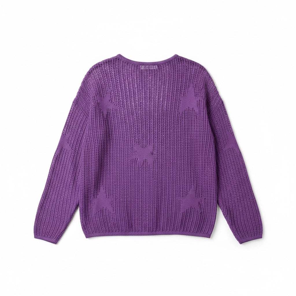 purple star pattern long sleeve sweater on white background