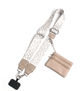 White crossbody phone strap and wallet duo with clip hardware on white background