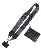 Black crossbody phone strap with clip and wallet attachment on white background