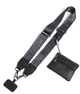 Black crossbody phone strap with clip and wallet attachment on white background