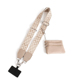 Beige crossbody phone strap with clip attachment on white background