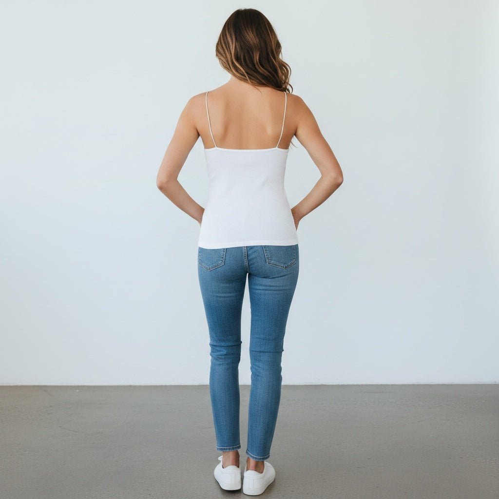 backside of white cami on gray background