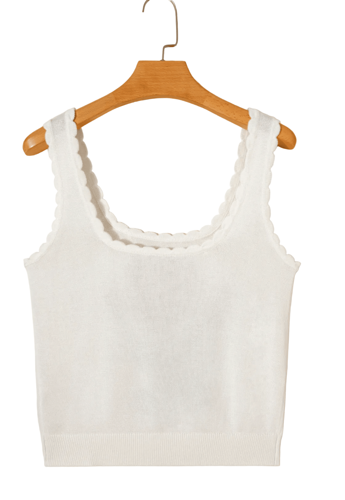 White tank top on a wooden hanger against a beige background