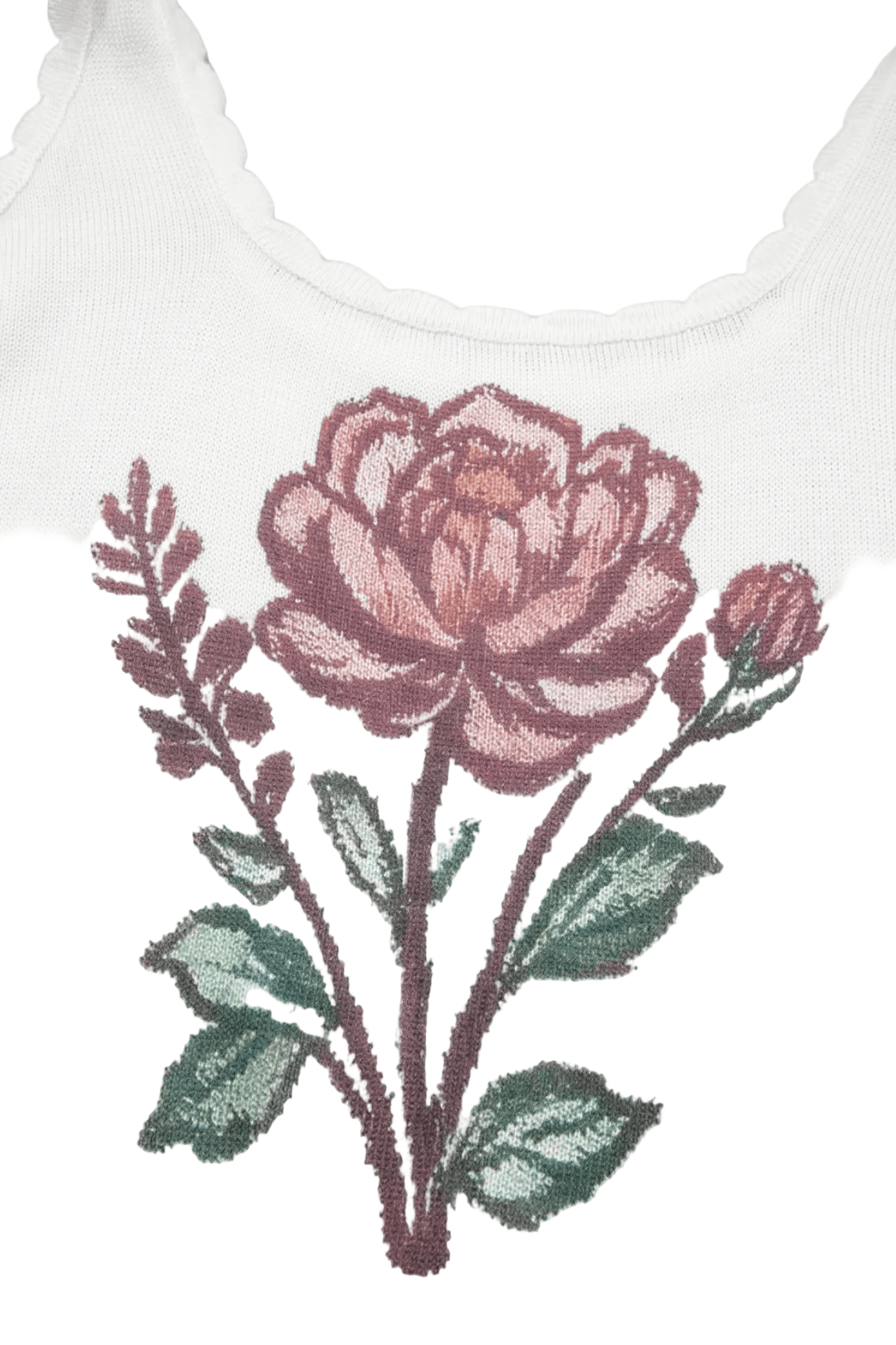Embroidered flower design on a white fabric background