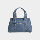 Blue handbag with silver accents on a light gray background