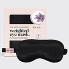Black KITSCH lavender scented satin weighted eye mask shown with its gift box