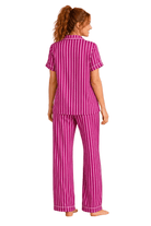 Back view of the berry pink striped pajama set showing the short sleeve top and pull-on straight leg pants