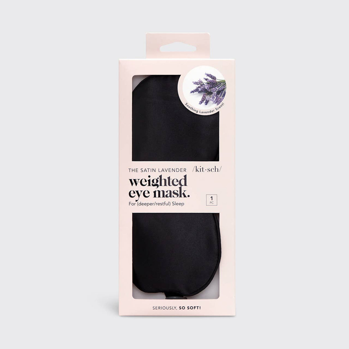 KITSCH satin lavender weighted eye mask in its retail gift box