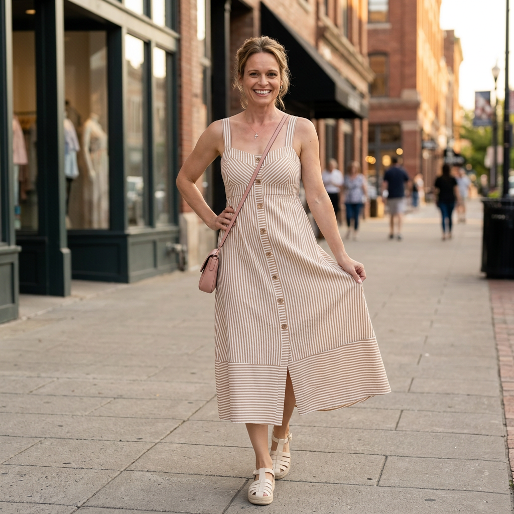 Woman walking down a street in a stripped beige dress with a pink purse