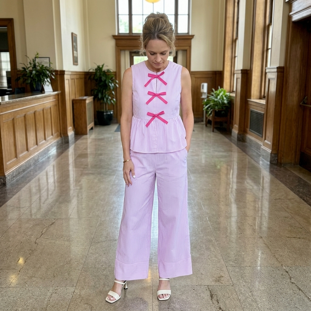 woman in lobby with pink and white striped outfit on.  Top has tie bows on it.  
