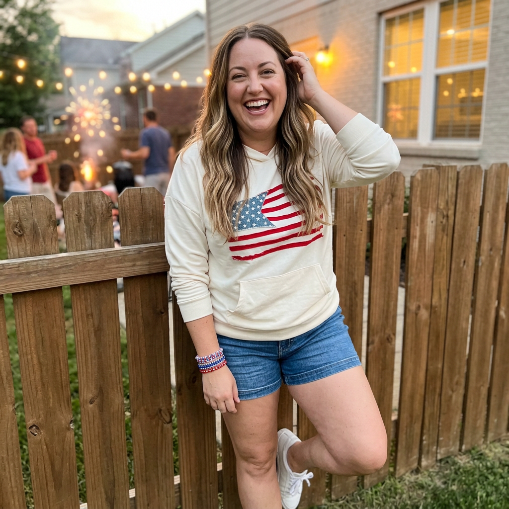 Woman wearing a sweatshirt with an American flag design, standing outdoors near a wooden fence.