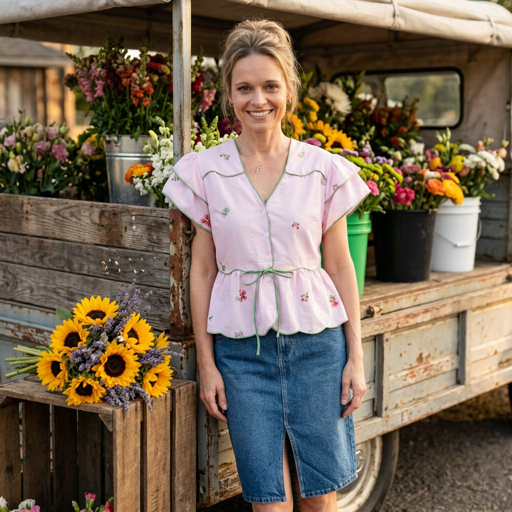 Woman in pink ruffled peplum top and denim skirt beside a flower-filled wooden truck