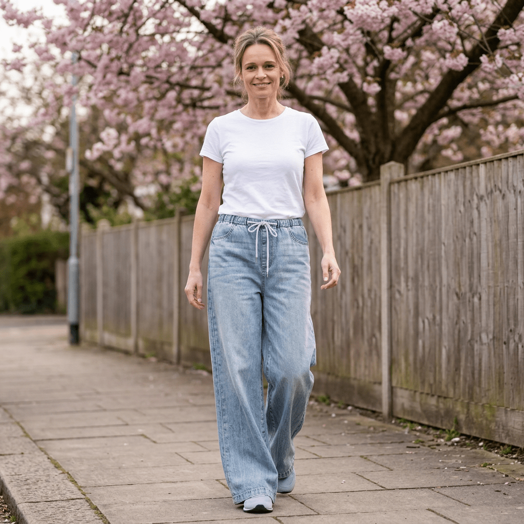 Woman walking outdoors in Judy Blue High Waist Palazzo Featherweight Drawcord Jeans with white top