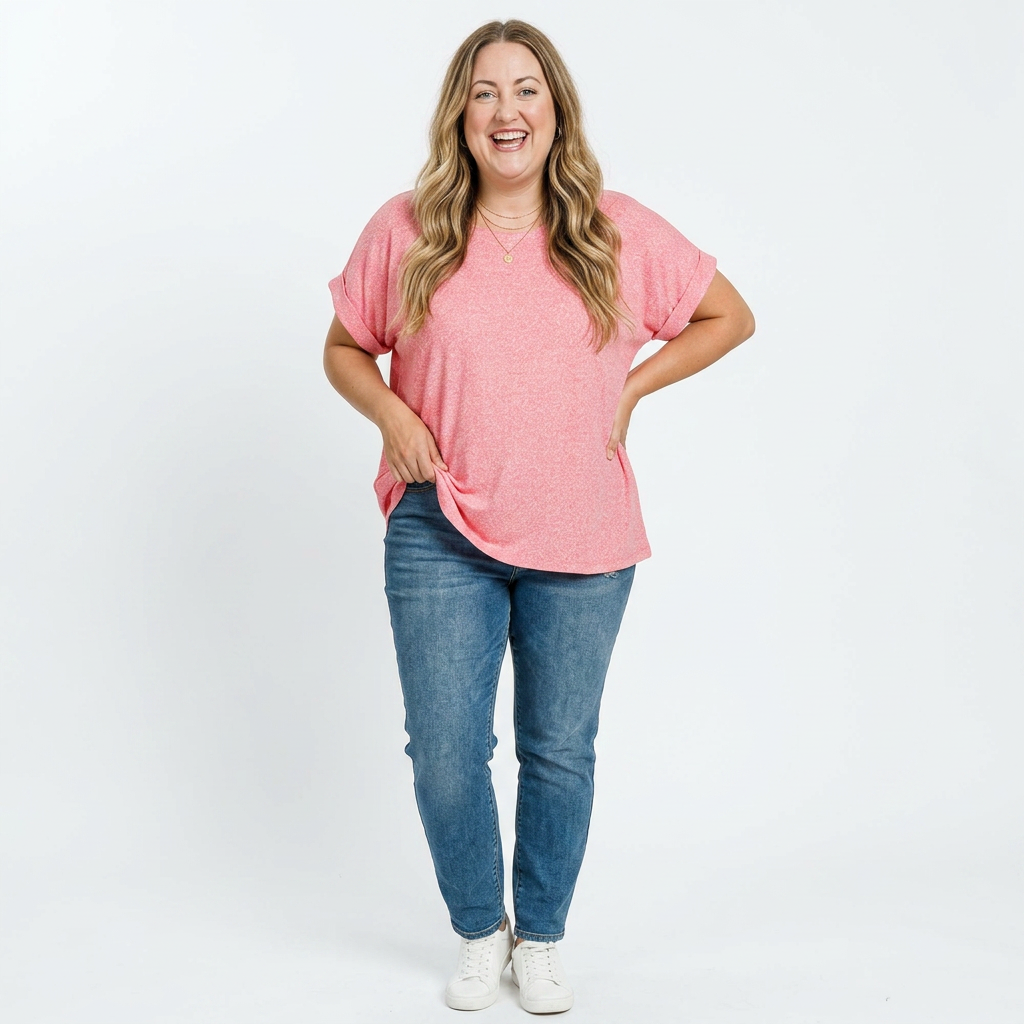 Woman wearing a pink t-shirt and blue jeans on a white background