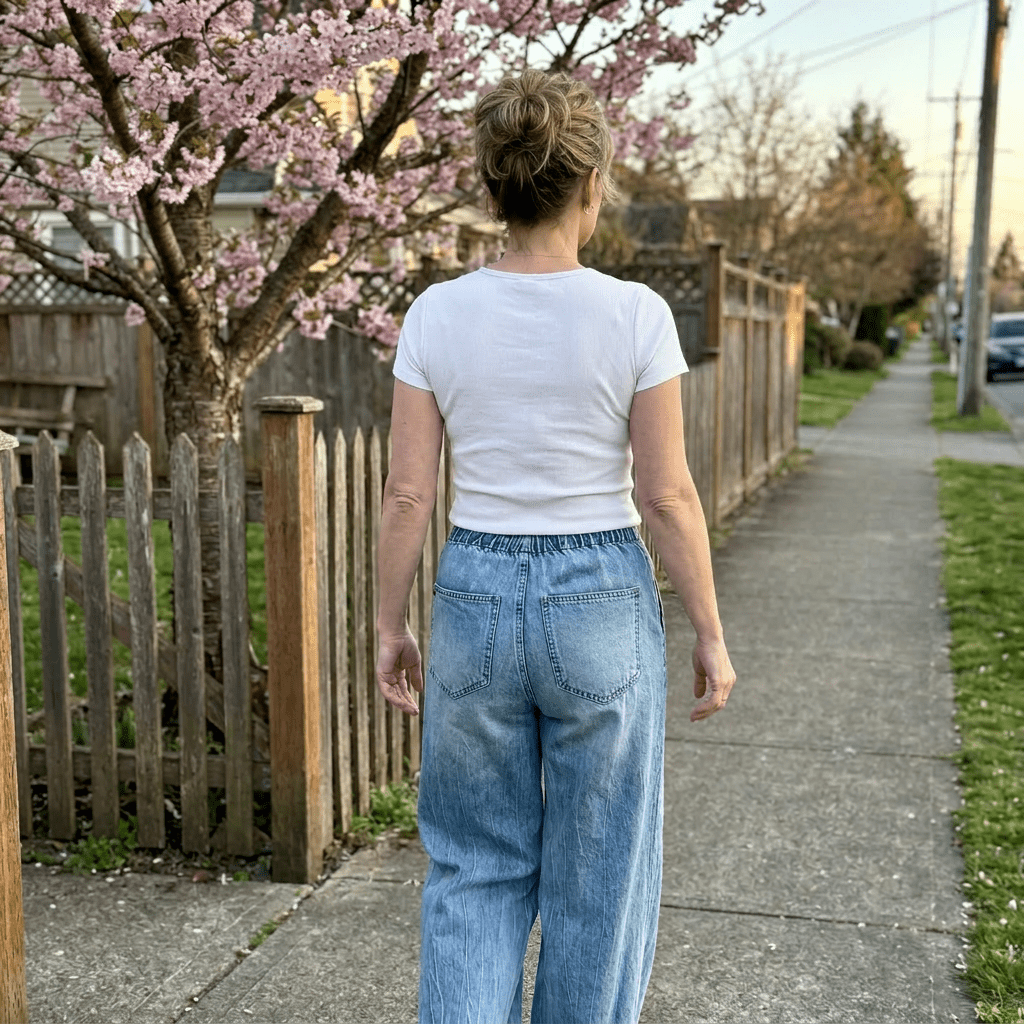 Back view of woman in Judy Blue High Waist Palazzo Featherweight Drawcord Jeans, fence and cherry trees in background