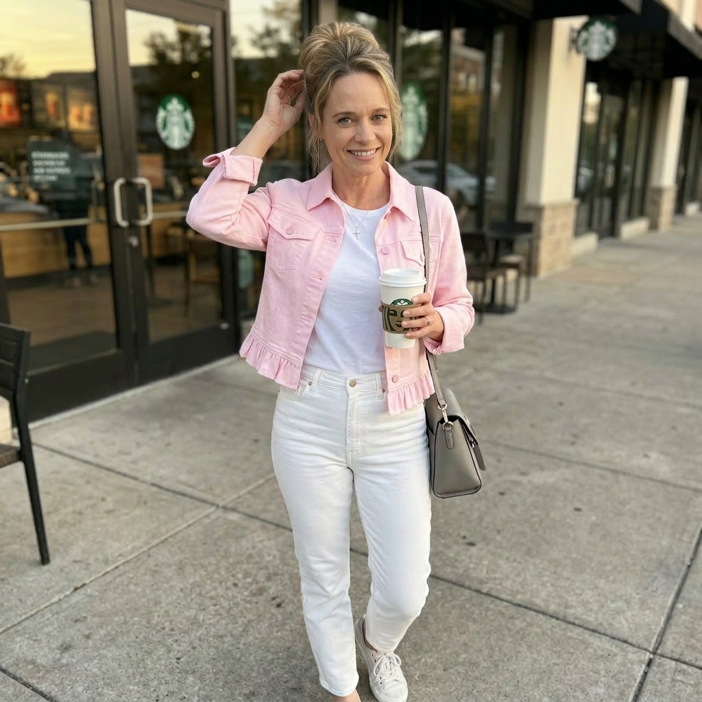 Woman in pink jacket and white jeans holding a coffee cup on a sidewalk.