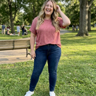 Lady in red shirt and skinny jeans