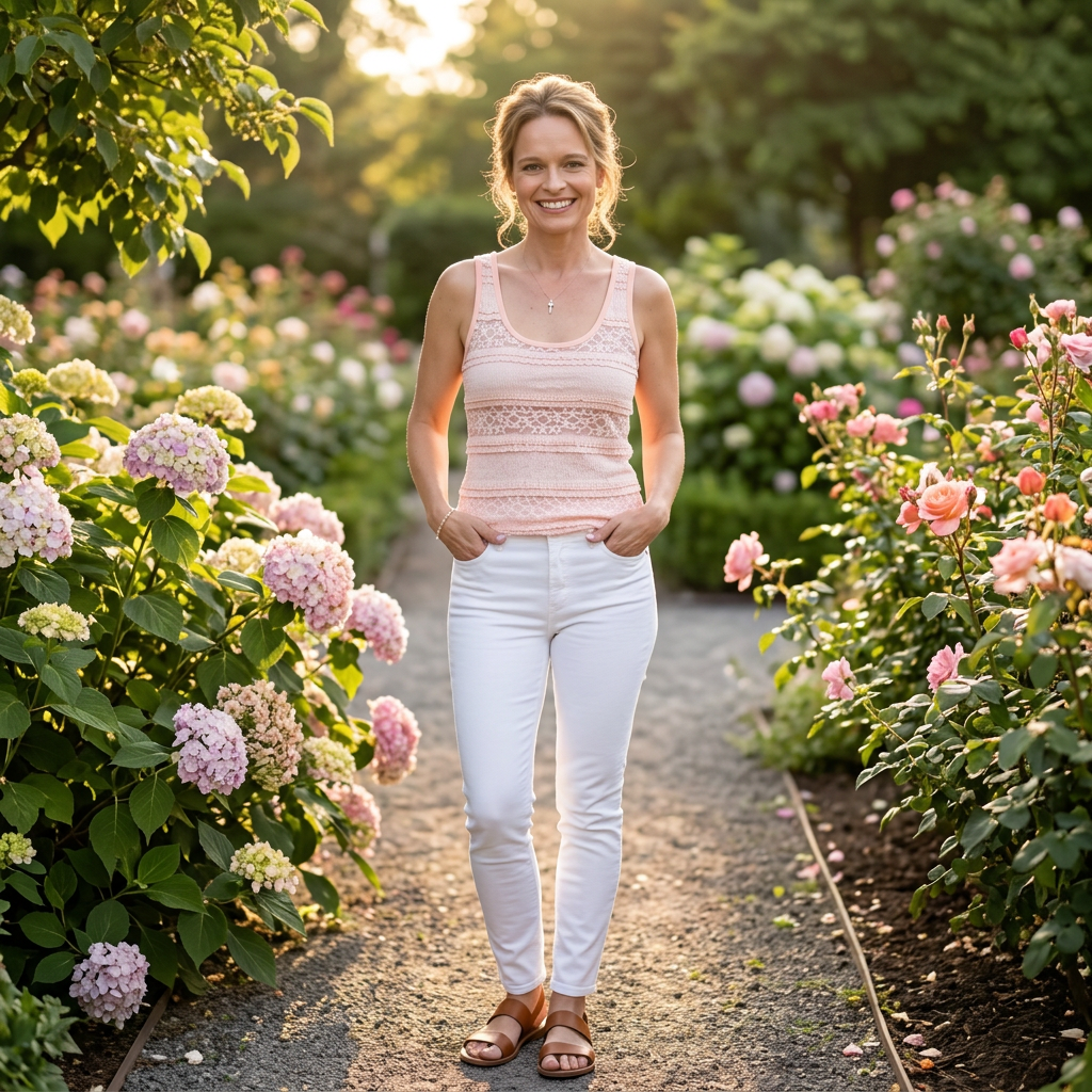 Woman standing in a garden path surrounded by flowers