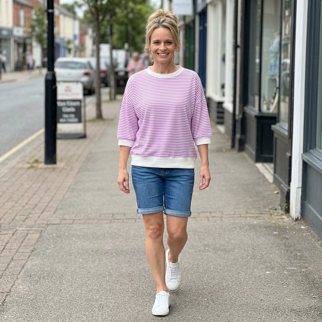 woman walking down sidewalk wearing a pink strip shirt and shorts