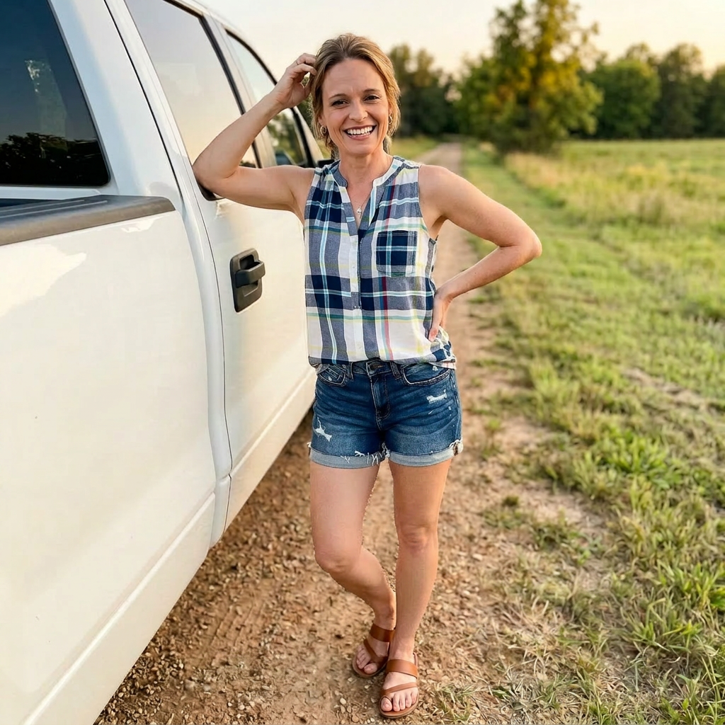 Woman standing next to a white truck in a rural setting in a plaid tank and denim shorts