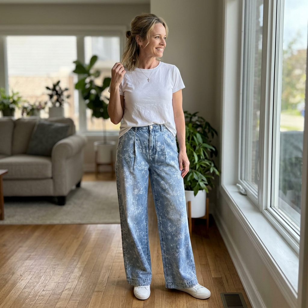 Woman standing in a living room wearing a white t-shirt and blue jeans.
