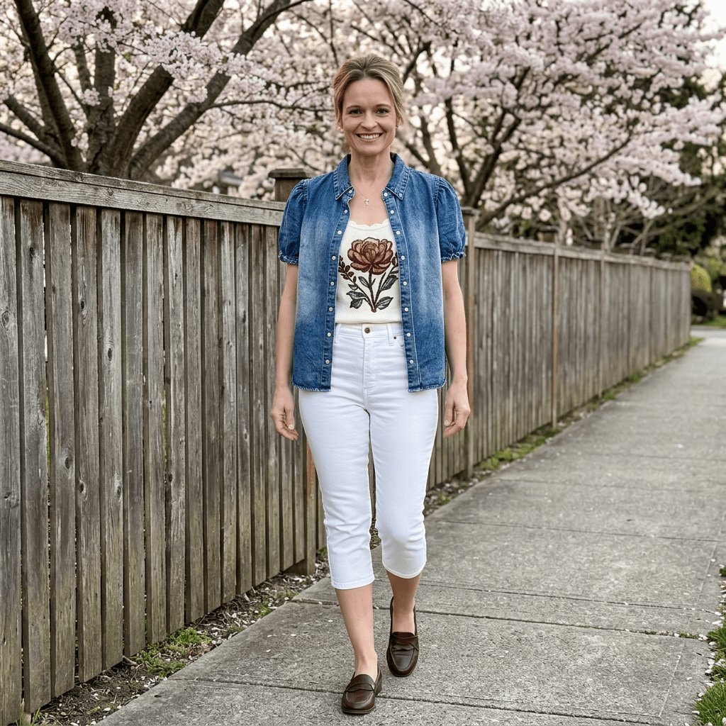 Puff sleeve denim top styled open over a floral shirt with white capris outdoors