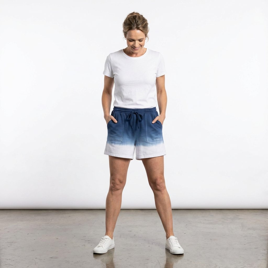 Woman wearing a white t-shirt and blue ombre shorts on a plain background