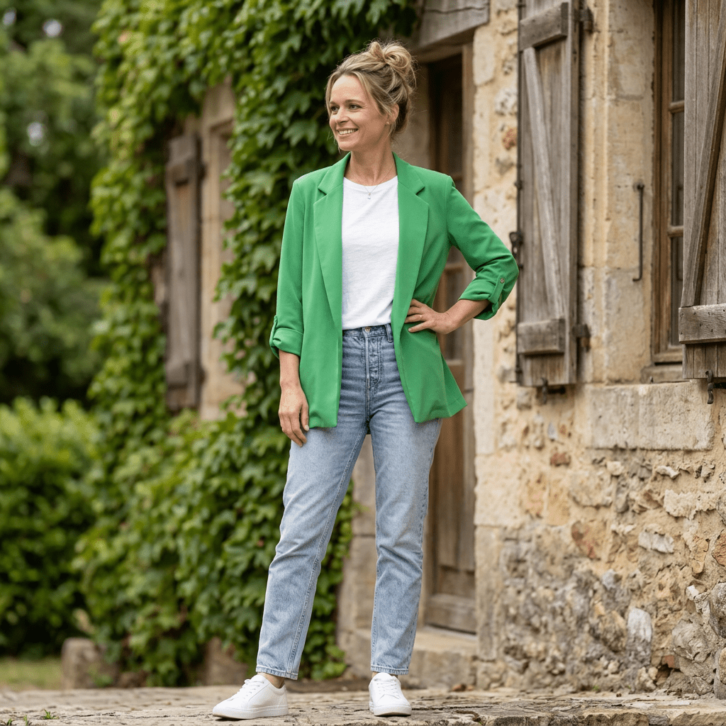 Woman wearing a green blazer, white shirt, and blue jeans standing in front of a stone building.