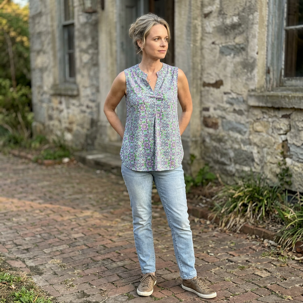 Woman standing in front of a stone building wearing a sleeveless floral top and light blue jeans.