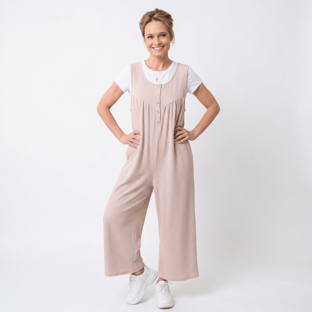 Woman wearing a beige jumpsuit with a white shirt underneath on a white background
