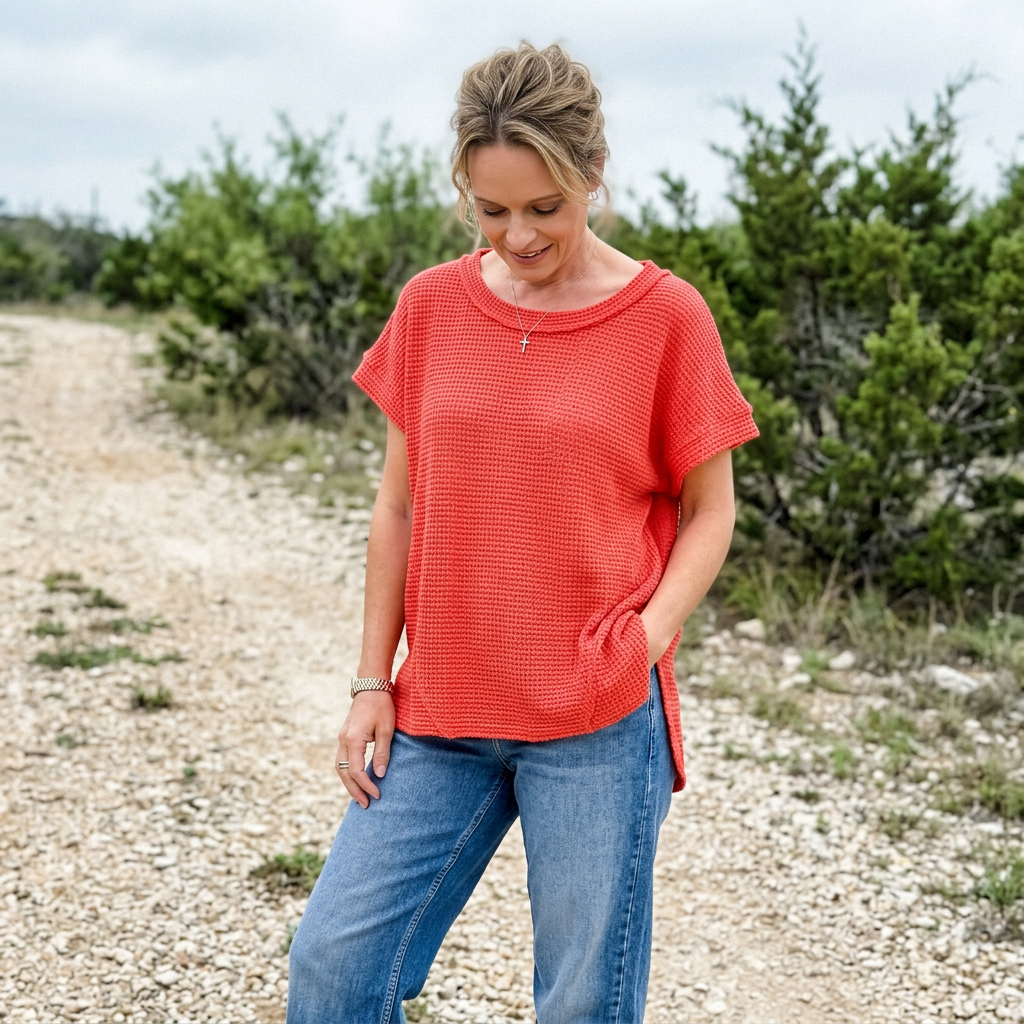 Women wearing red top with denim jeans standing on a gravel road.