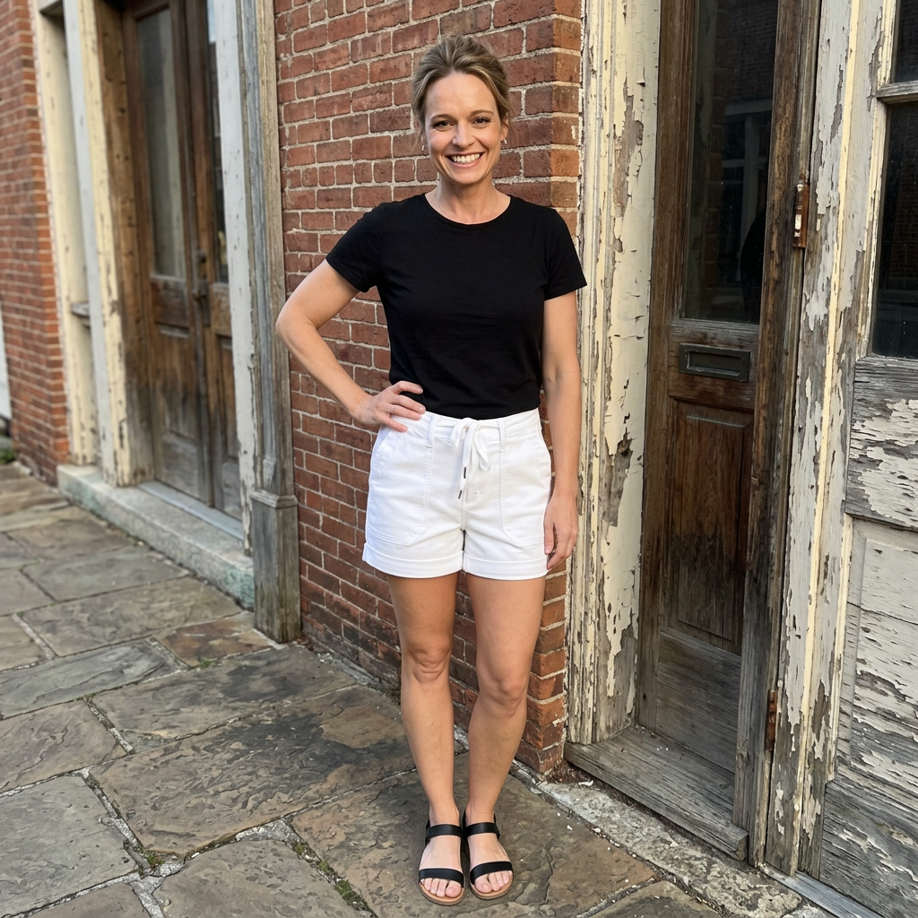 Woman in black t-shirt and white shorts standing in front of a brick wall.