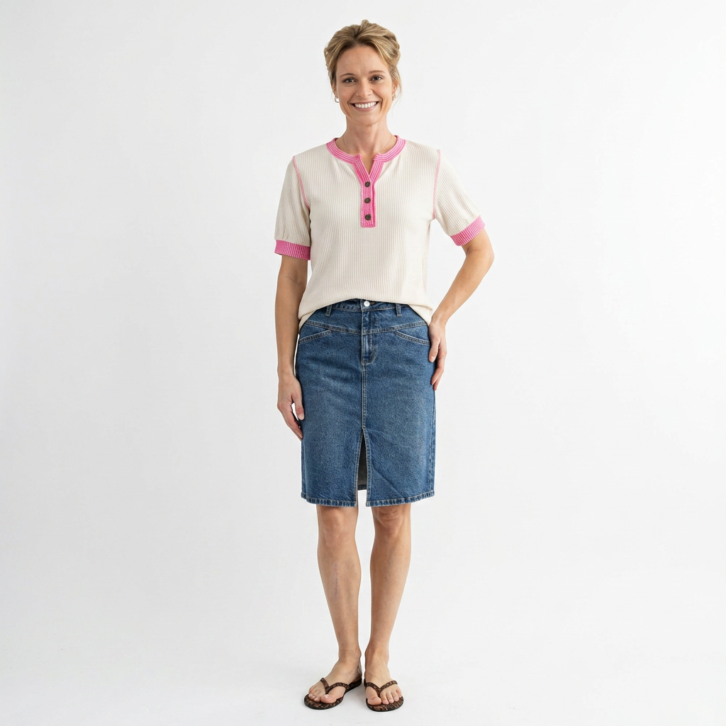 Woman wearing a white shirt with pink accents and a blue denim skirt on a white background