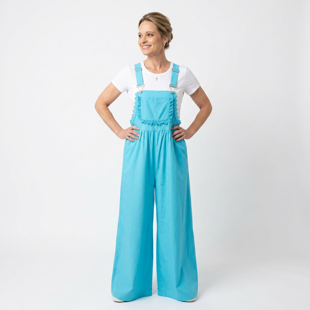 Woman wearing bright blue overalls and a white shirt on a white background