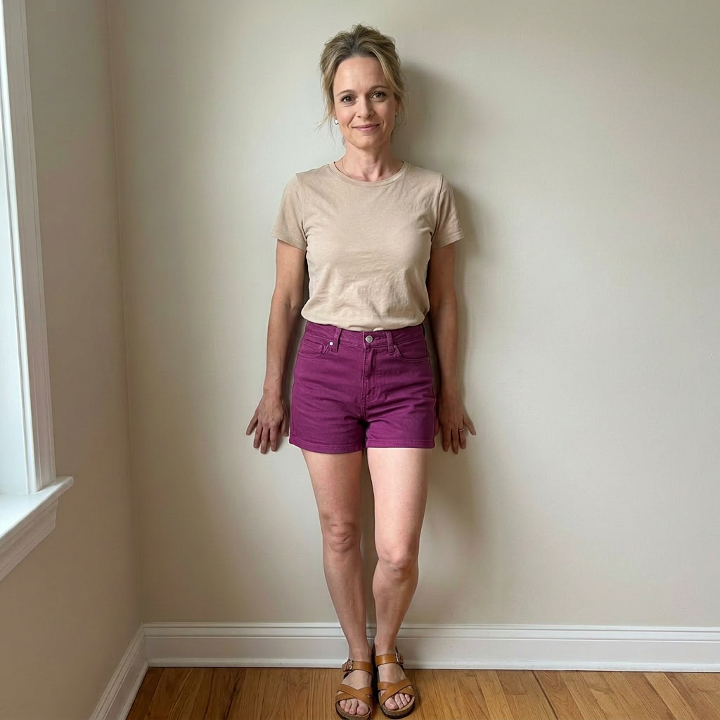 Woman against wall with beige t-shirt and purple shorts.