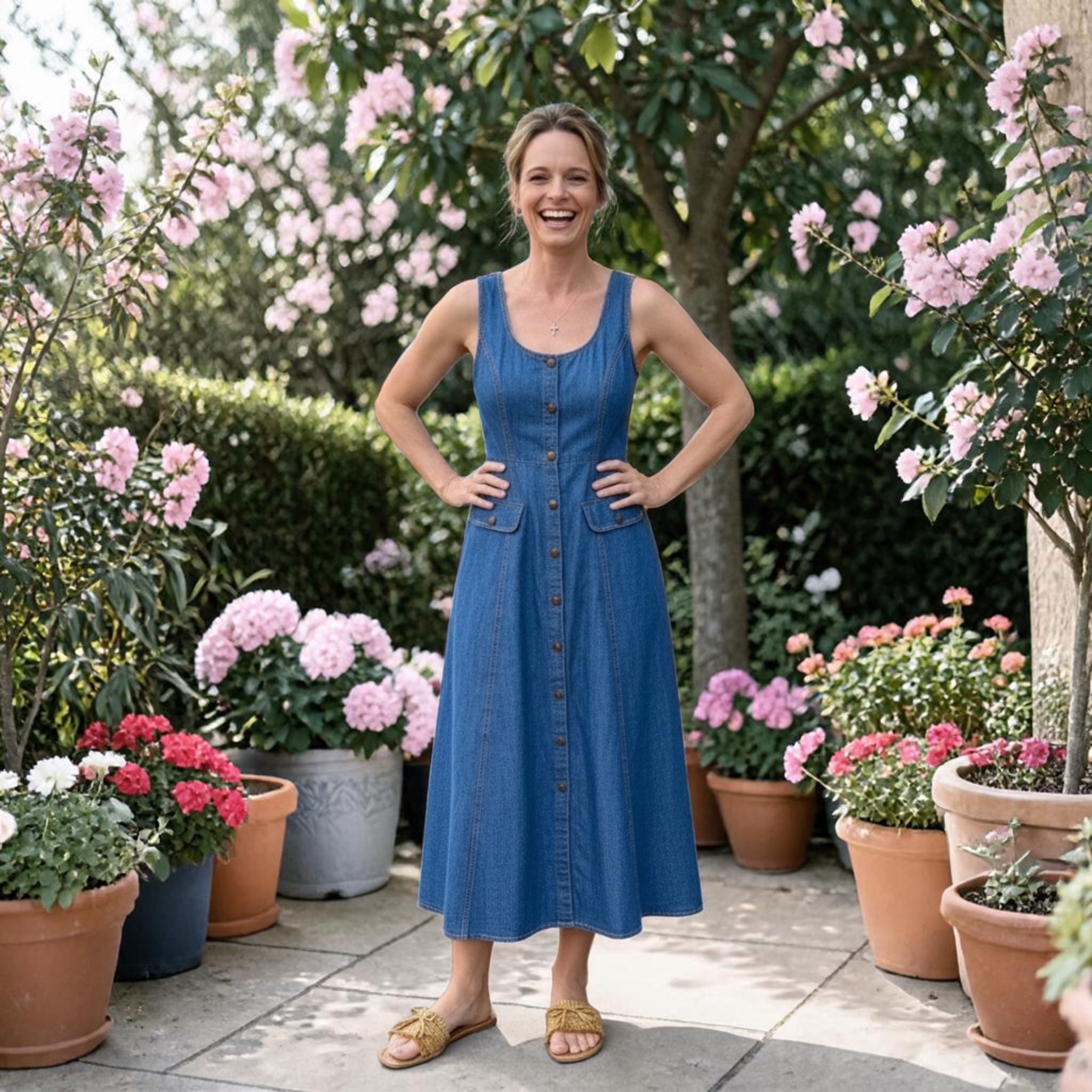 Woman in a blue denim dress standing in a garden with potted plants and flowers.