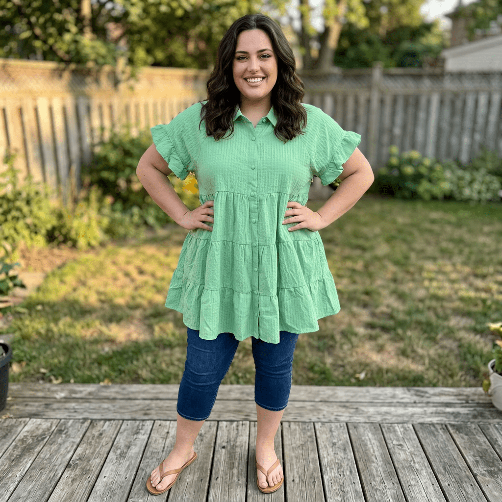Women's mint green textured tiered babydoll tunic top, flowy fit, modeled outdoors