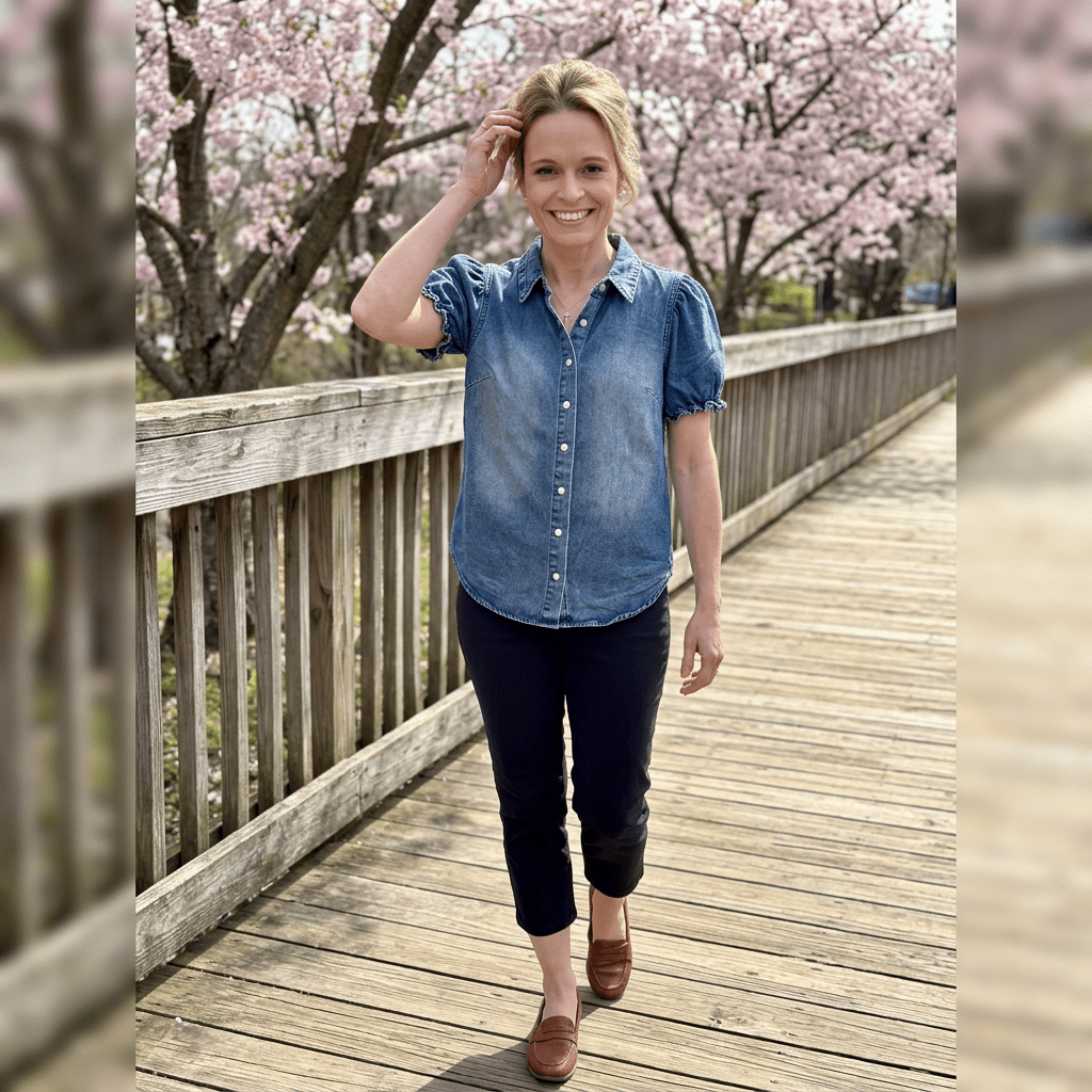 Puff sleeve denim button-up top front view on model