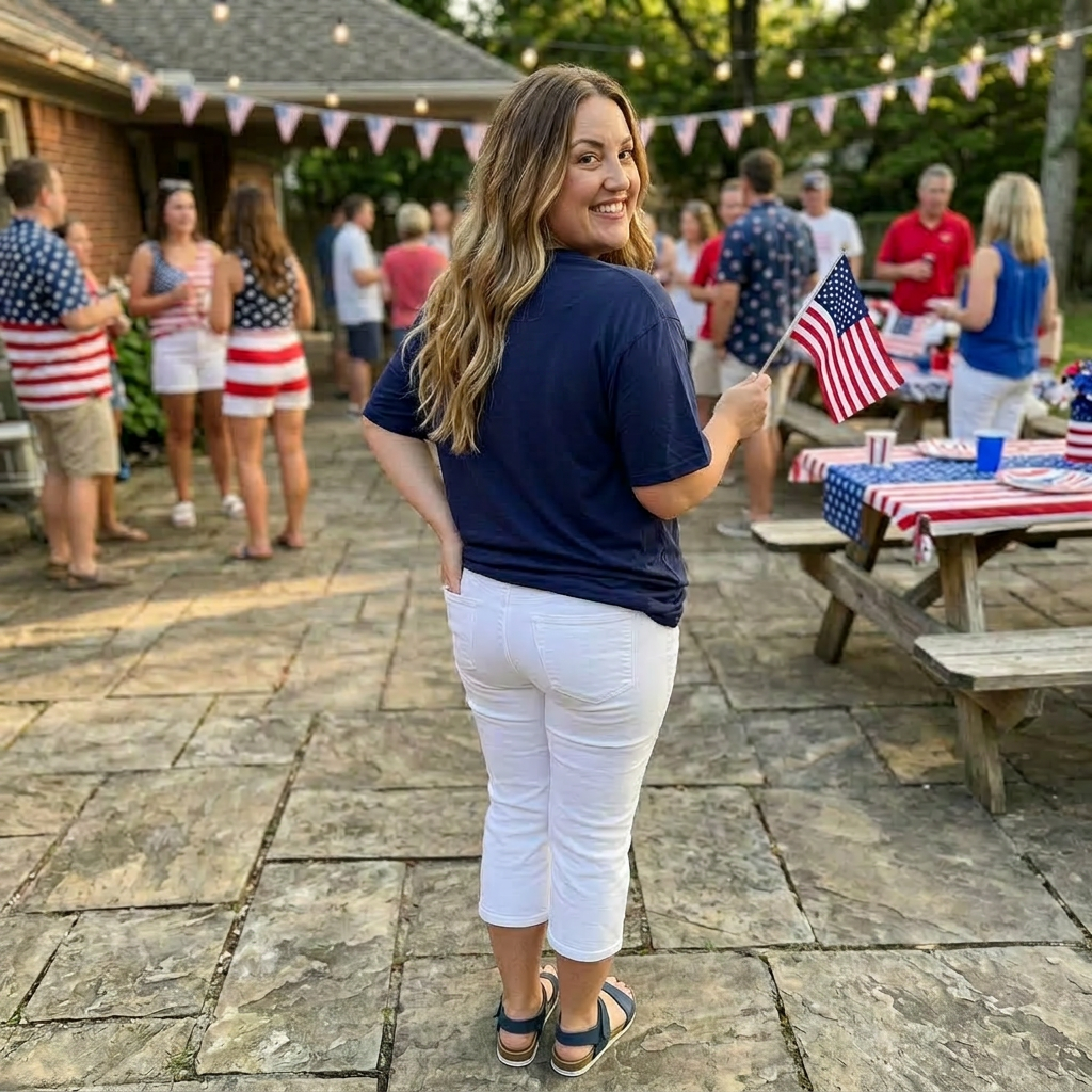 Back side of Women's oversized red white and blue America graphic tee, relaxed fit, styled casually