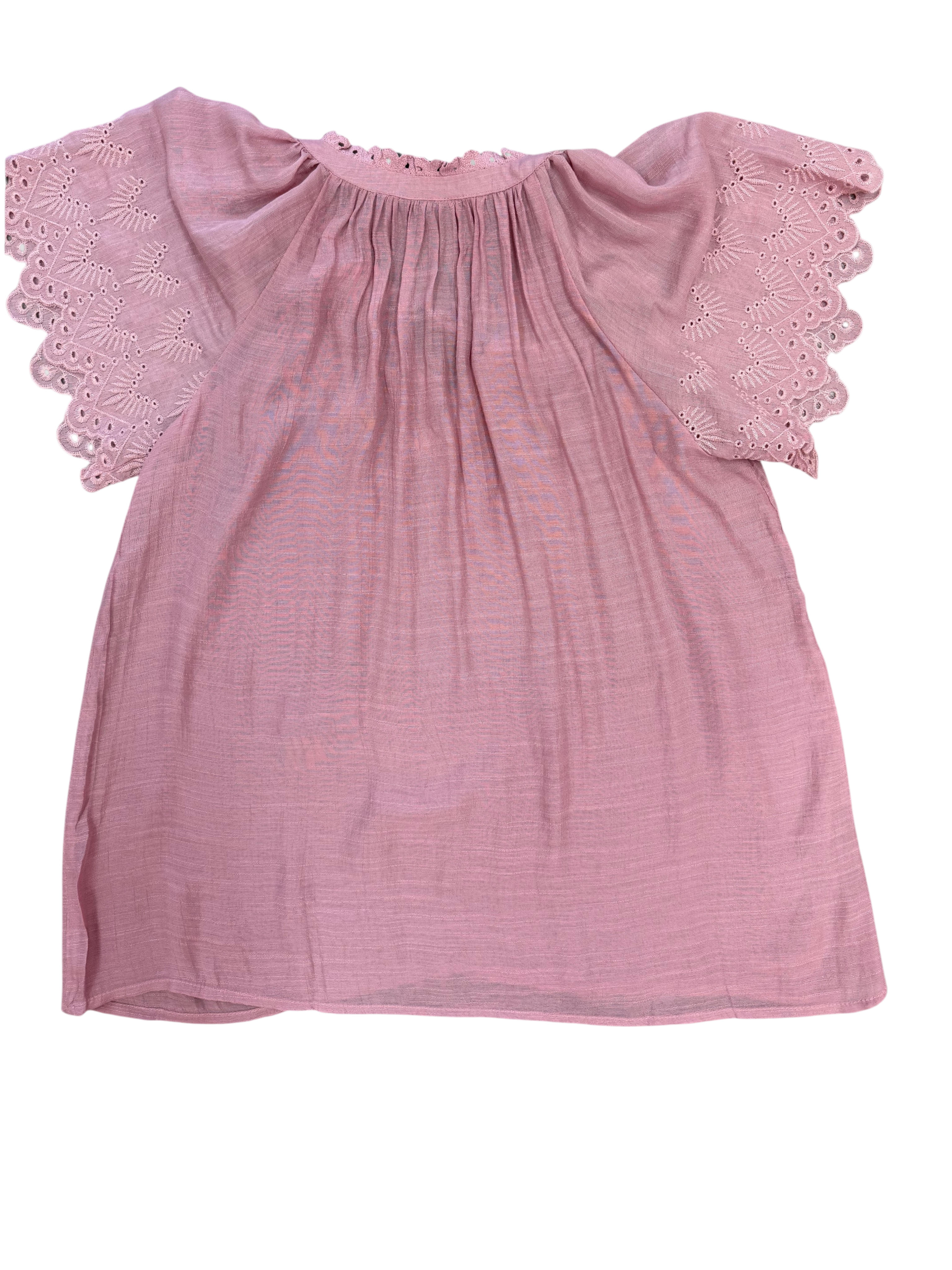 Pink blouse with eyelet sleeves on a white background